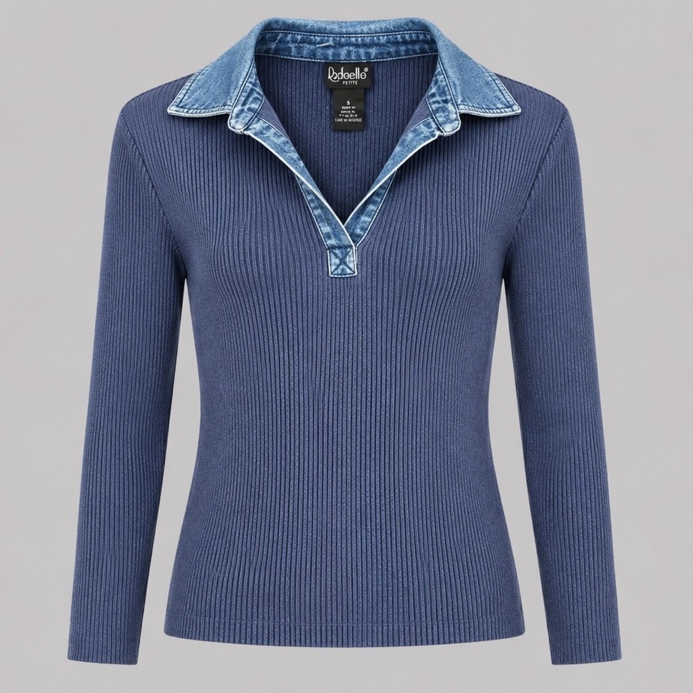 Vintage Rafaella Petites Rib Knit Denim Collar Sweater Blue Womens Small Y2K‎